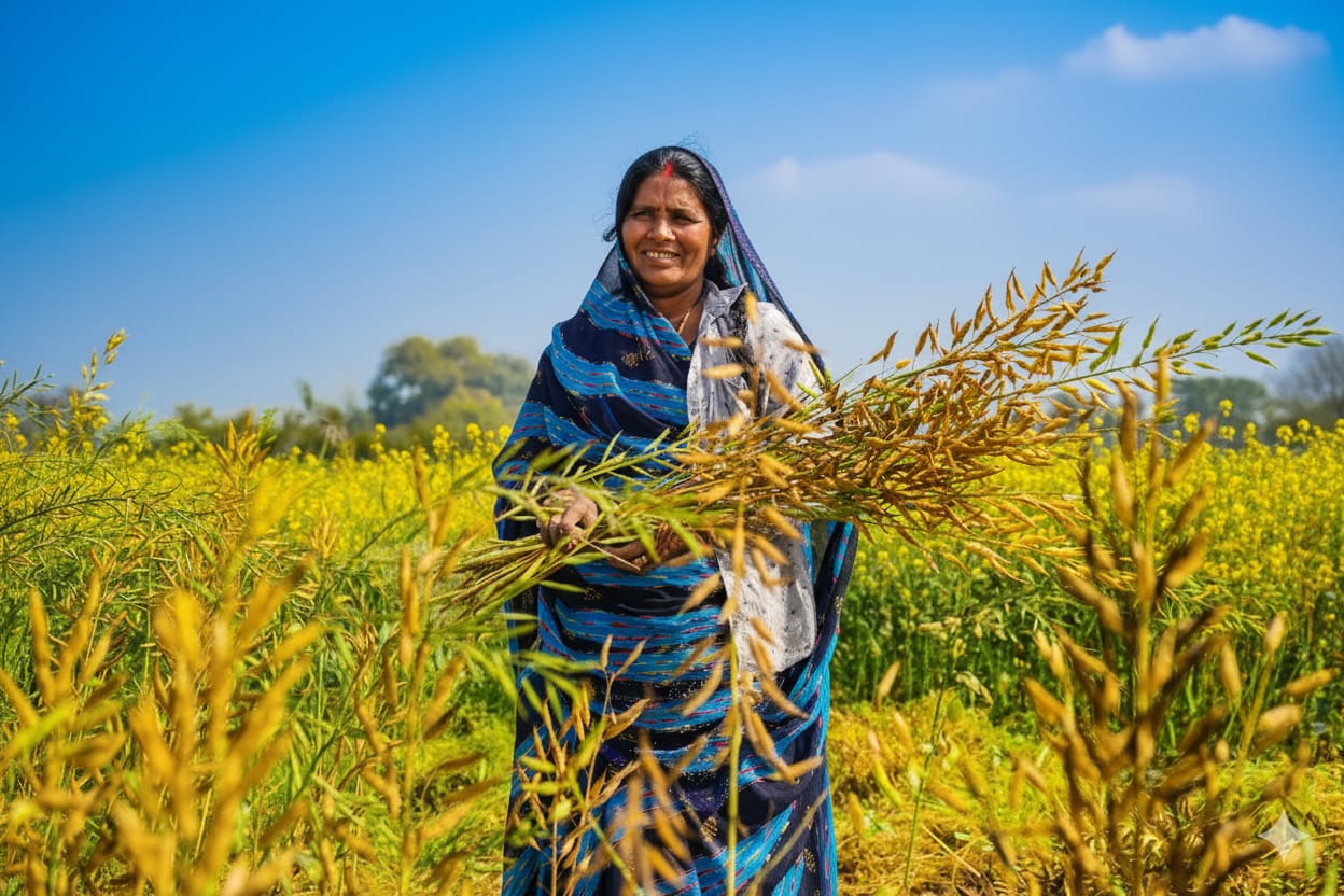 Women farmers processing mustard seeds